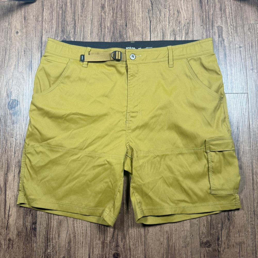 Prana Zion Shorts Mens 38 Mustard Yellow Stretch Hiking Cargo Belted Standard 8"